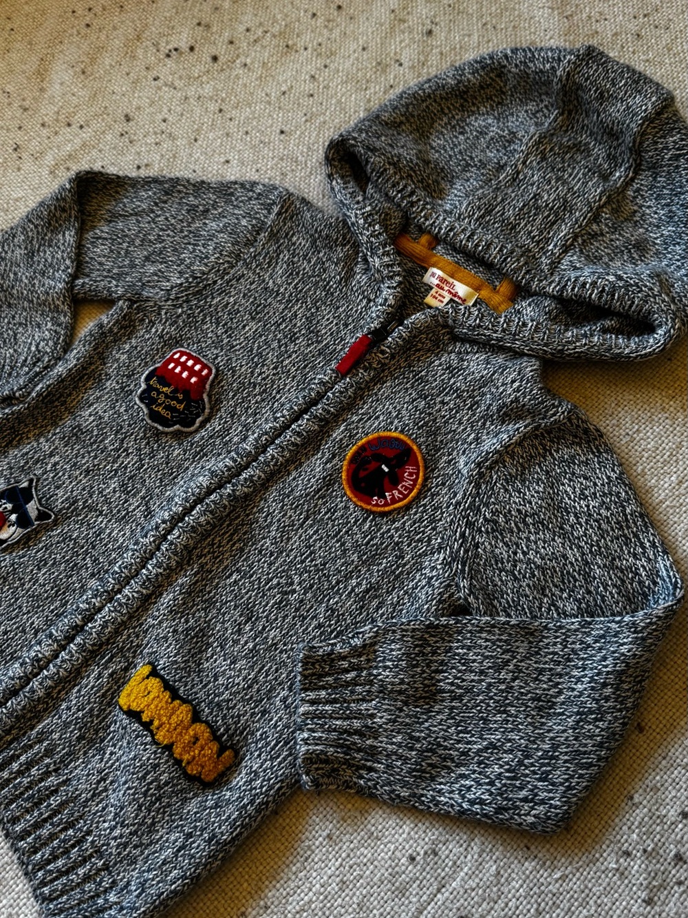 Du Pareil au Même Boys 4Y Hooded Zip Sweater Cardigan Patch Marled Knit DPAM